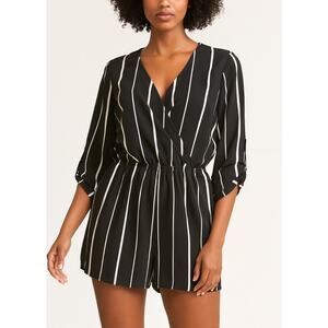 IRIS Romper Jumpsuit black white stripped faux wrap pockets elastic waist SZ SM